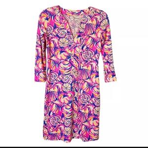 Lilly Pulitzer Riva Sun Dress Womens Size L Shell Of A Time Neon 3/4 Sleeves